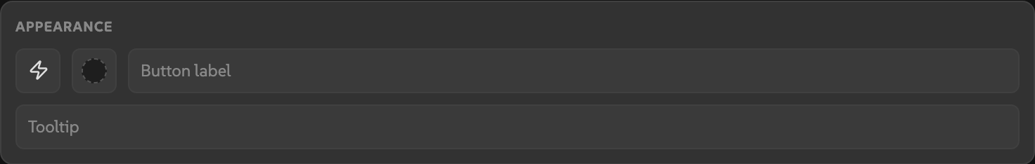 AEbar editor appearance section with icon trigger, color picker, label field, and tooltip field.