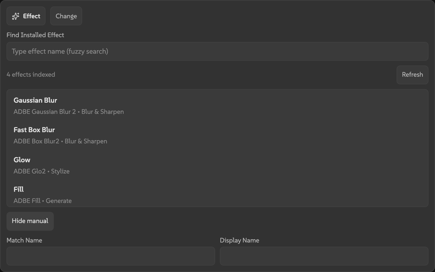 AEbar editor action section in manual mode showing text fields for match name and display name.