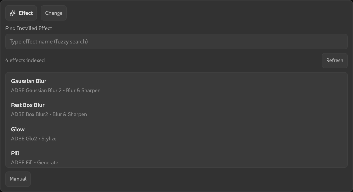 AEbar editor action section showing the searchable effect list with Gaussian Blur and other results visible.