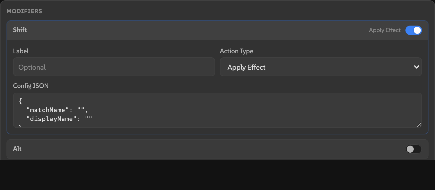AEbar editor modifiers section with the Shift modifier expanded, showing action type selector and raw JSON config field.