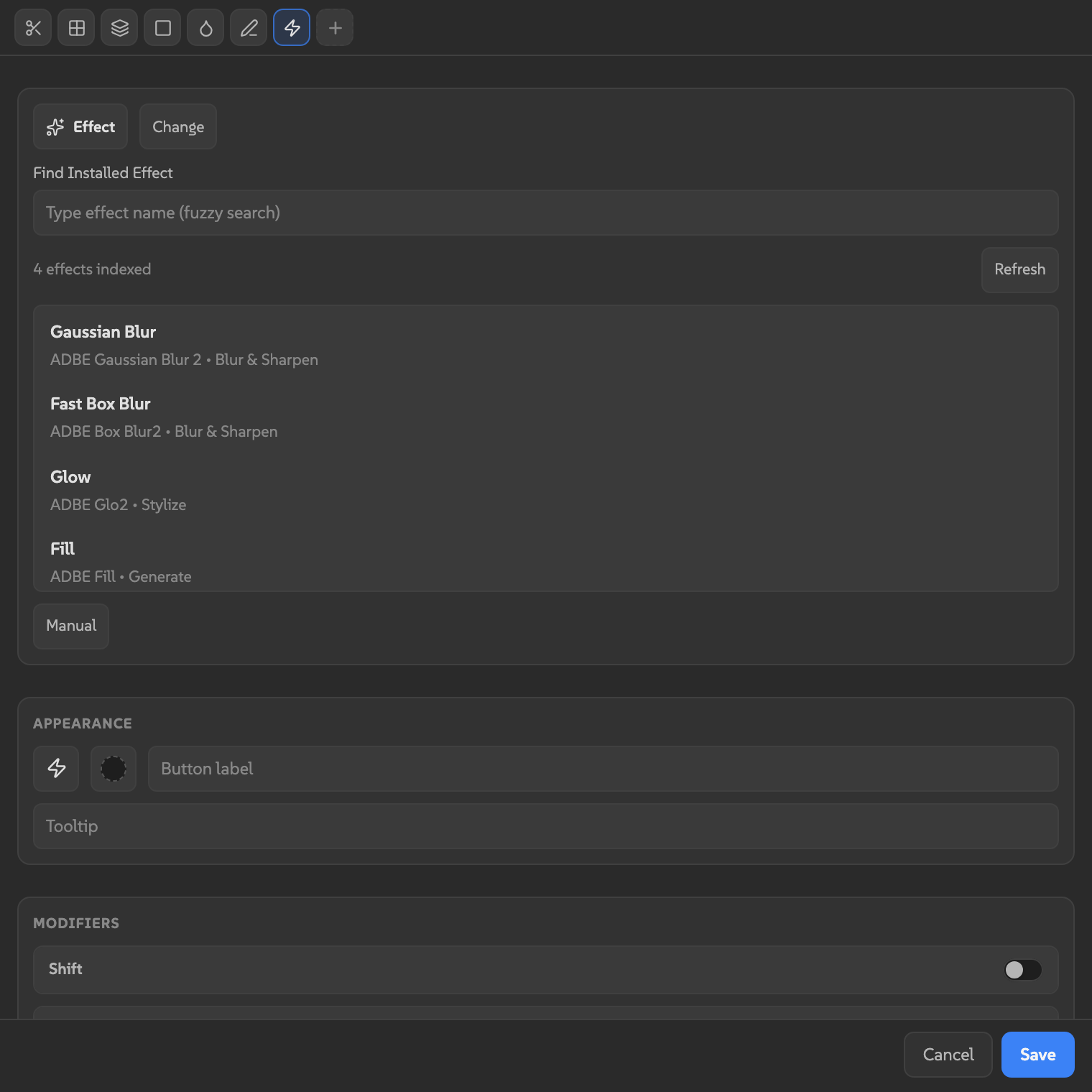 The AEbar button editor window with action type row, action fields, appearance controls, and modifier section.
