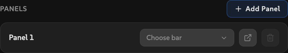 AEbar settings Panels section showing panel slots with bar assignment dropdowns.