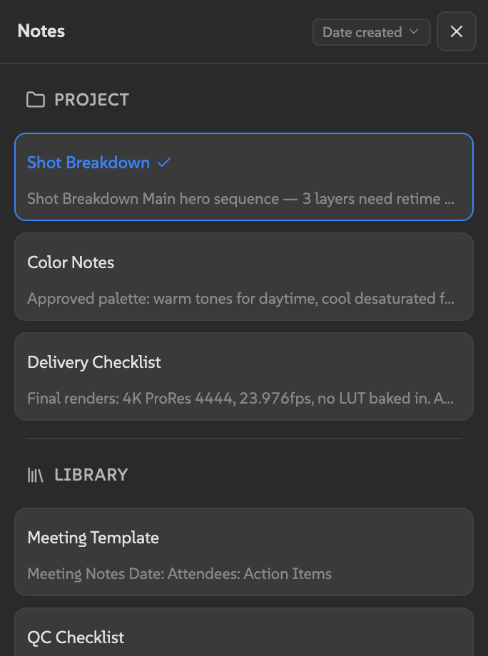 Note viewer showing three project notes and two library notes with preview text and sort controls.