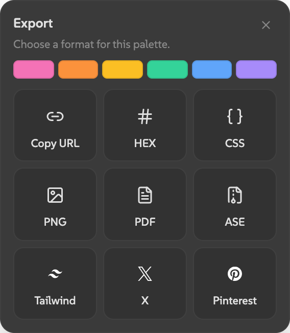 Export modal showing a color swatch strip and a grid of export format buttons: URL, HEX, CSS, PNG, PDF, ASE, Tailwind, X, Pinterest.