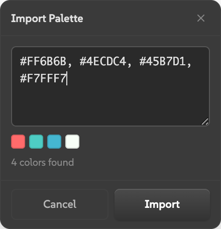 Import palette modal with a text field showing pasted hex codes and a row of parsed color swatches.