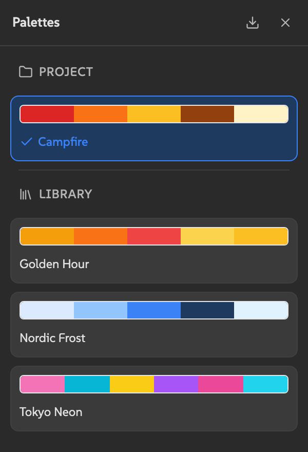 Preset viewer showing project palettes and library palettes with color bars, names, and action buttons.