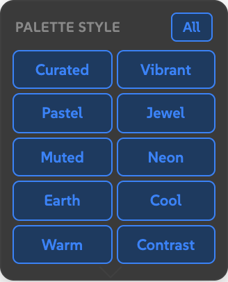 Profile selector popover showing palette style chips: Curated, Vibrant, Pastel, Jewel, Muted, Neon, Earth, Cool, Warm, Contrast.