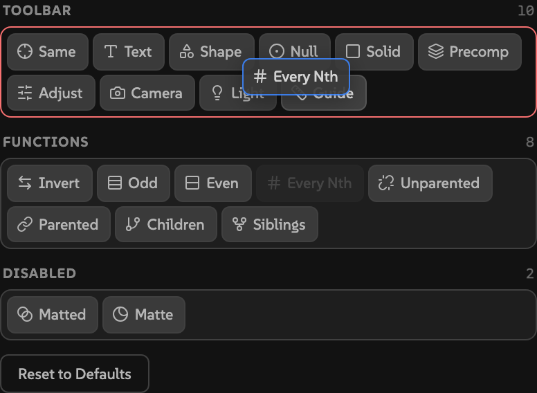 Picky layout editor with Every Nth being dragged over the Toolbar zone while the drop area highlights red.
