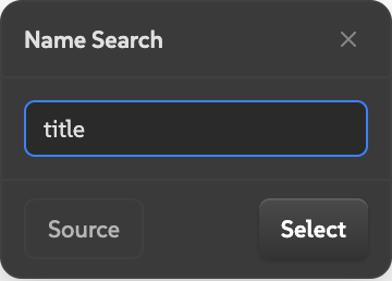 Picky name search modal with a source-name query entered.